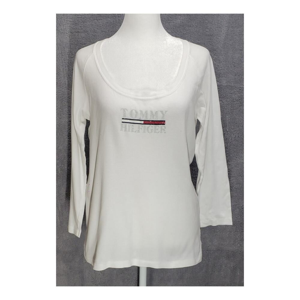Tommy Hilfiger Y2K Graphic Long Sleeve Top Women L Preppy Retro Streetwear Logo